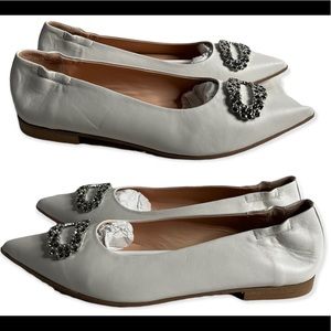 MA&LO Women’s Italian Leather Pointed Toe Flats with Jewel Accessory